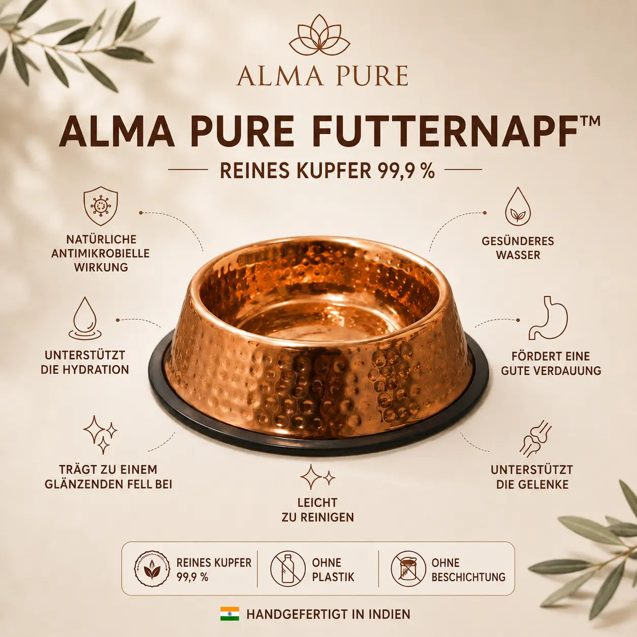 Alma Pure Napf aus 99,9 % reinem Kupfer für Hunde und Katzen