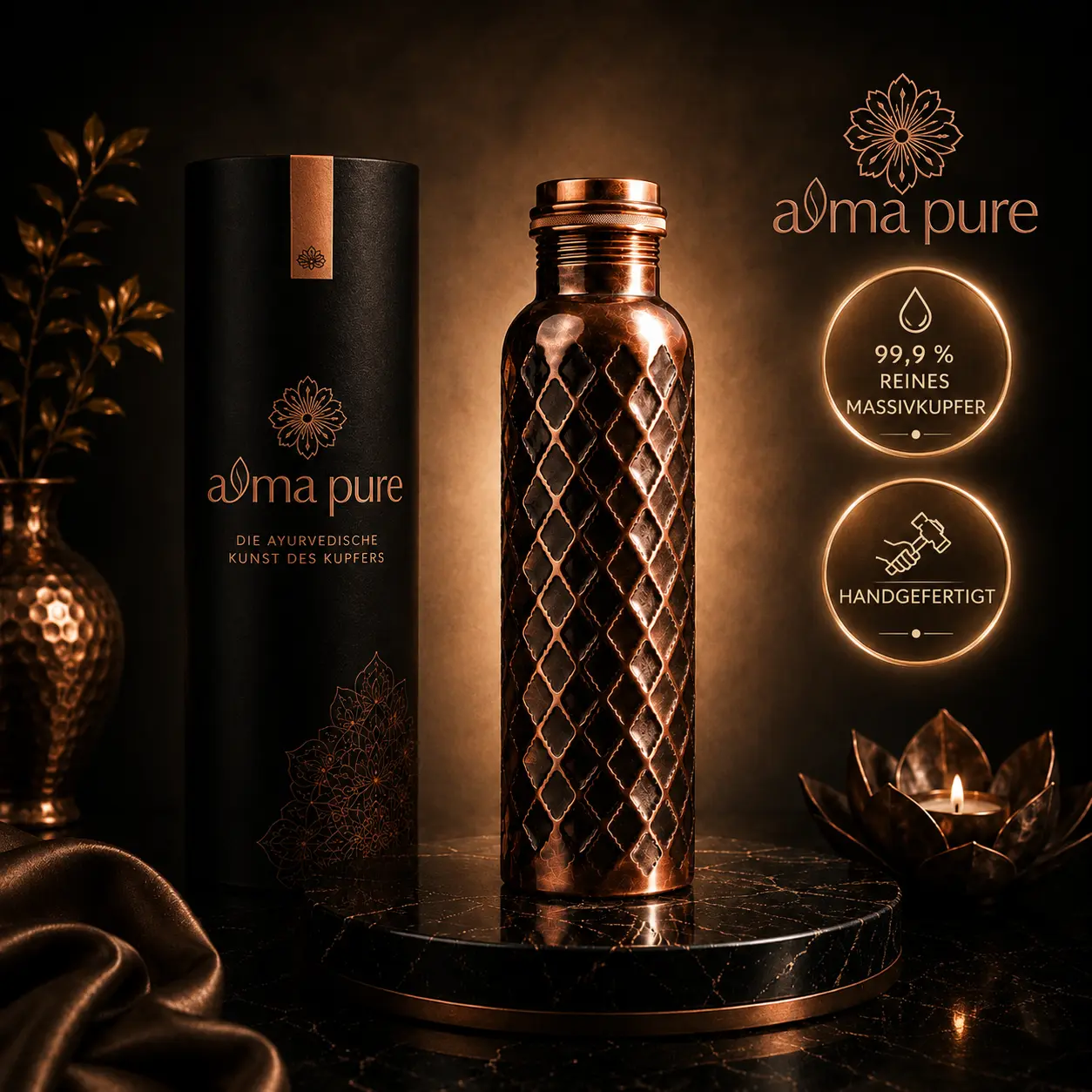 Alma Pure™ - Diamond-Kupferflasche – 99,9 % massives Reinkupfer