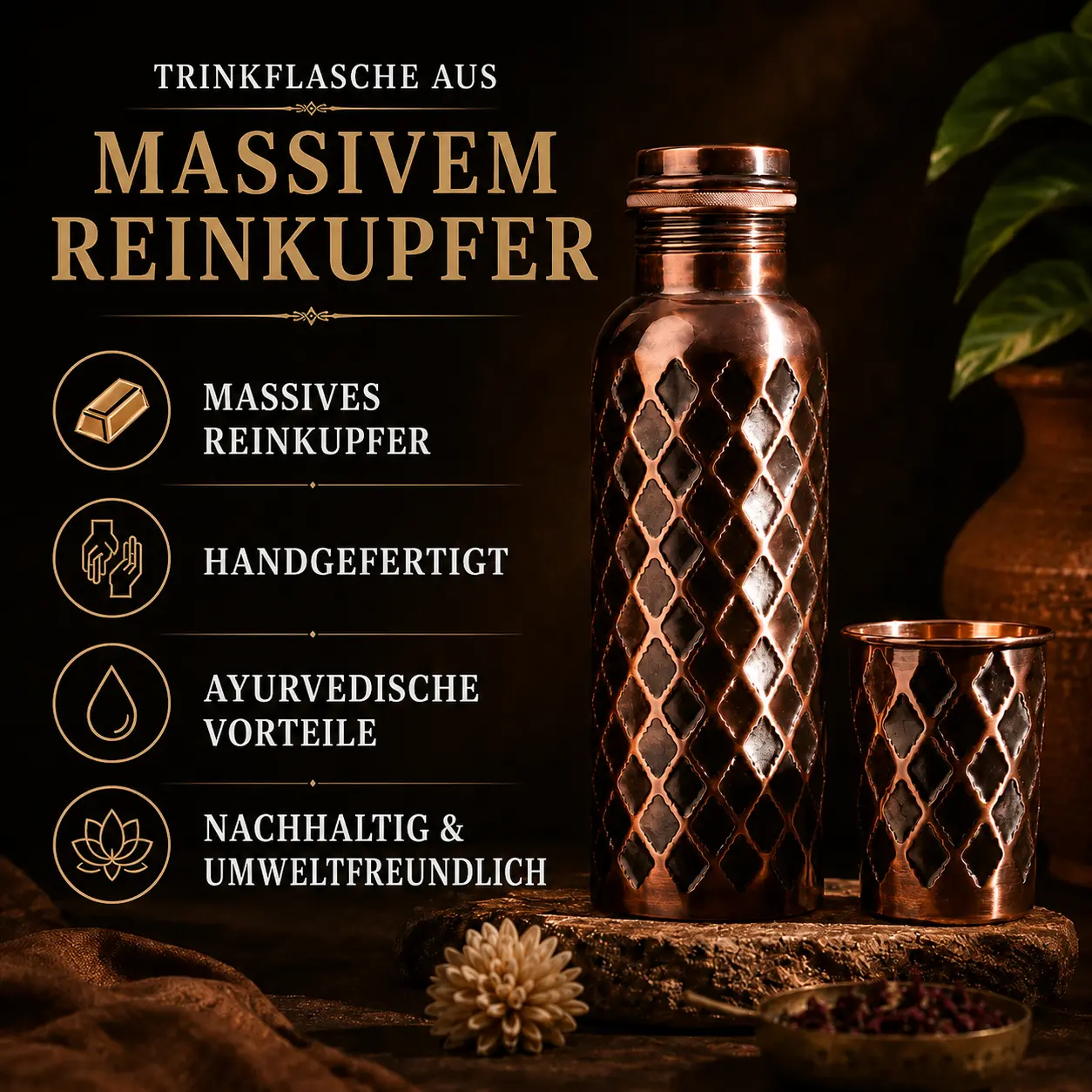 Alma Pure™ - Diamond-Kupferflasche – 99,9 % massives Reinkupfer