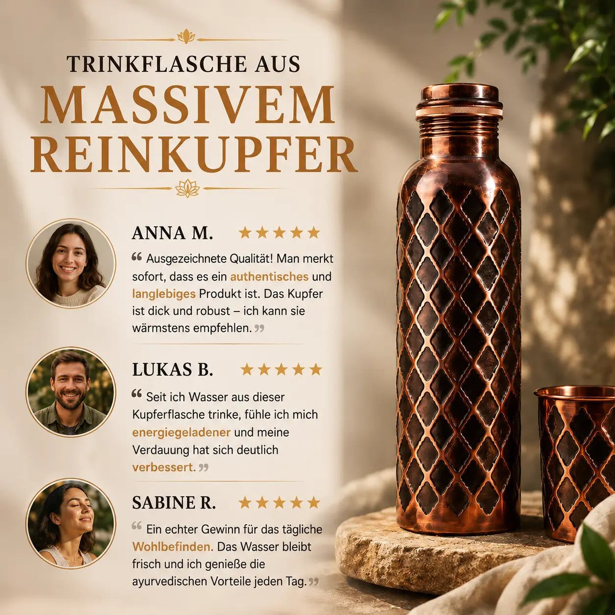 Alma Pure™ - Diamond-Kupferflasche – 99,9 % massives Reinkupfer