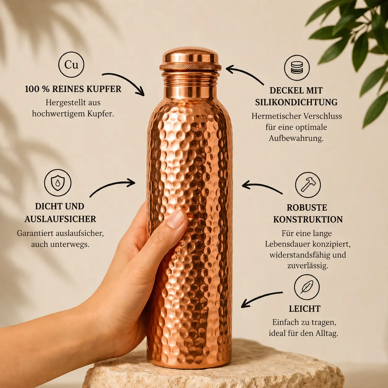 Alma Pure™ – Gehämmerte Kupferflasche für natürlich reines Wasser