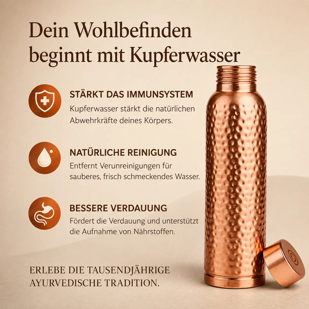 Alma Pure™ – Gehämmerte Kupferflasche für natürlich reines Wasser