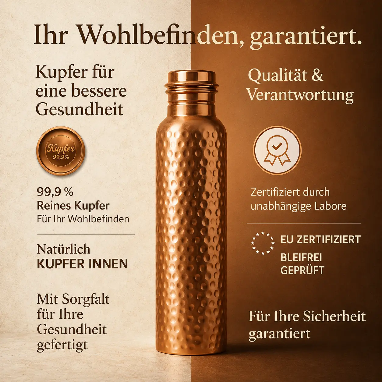 Alma Pure™ – Gehämmerte Kupferflasche für natürlich reines Wasser
