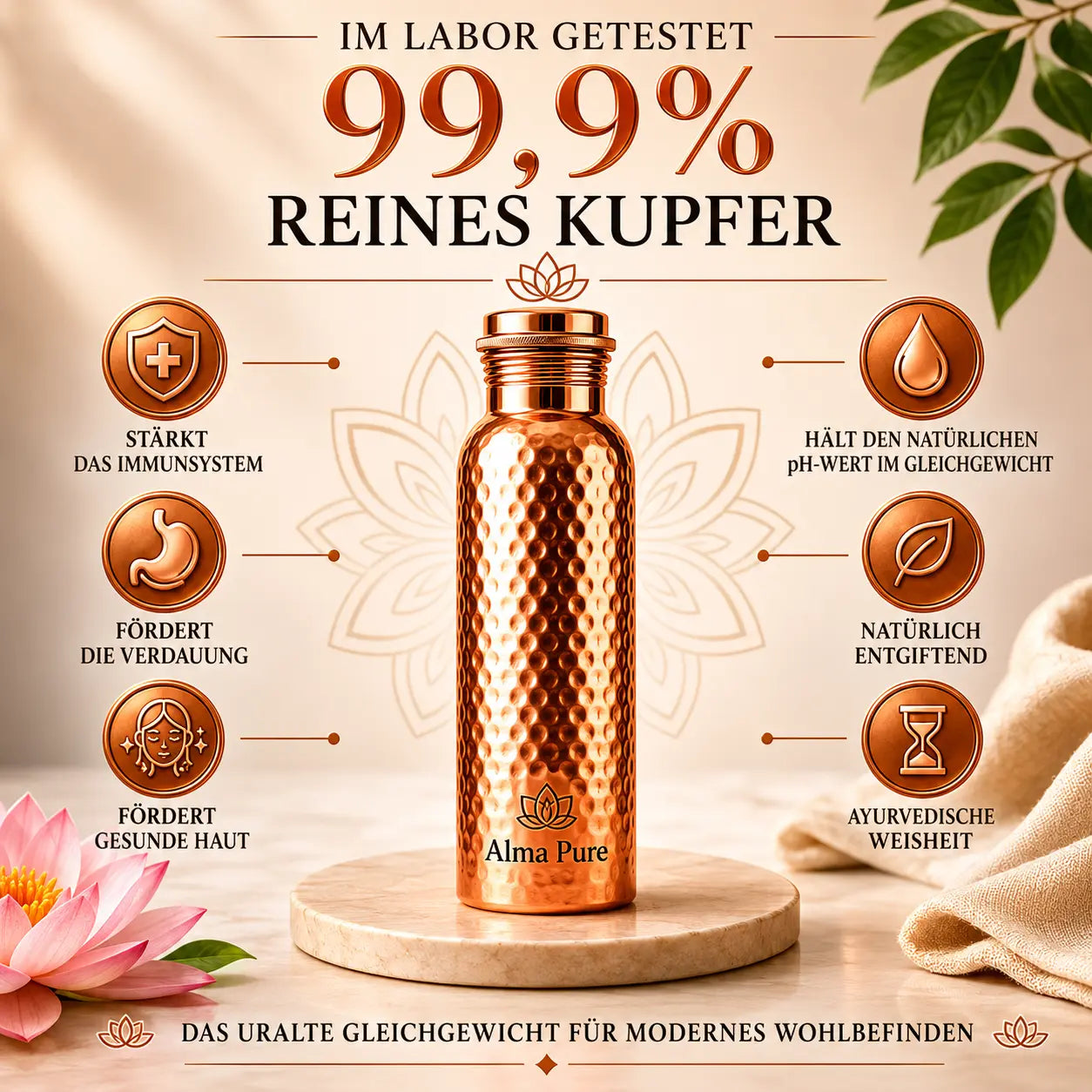 Alma Pure – Kupferflasche aus massivem Kupfer – Heritage Edition