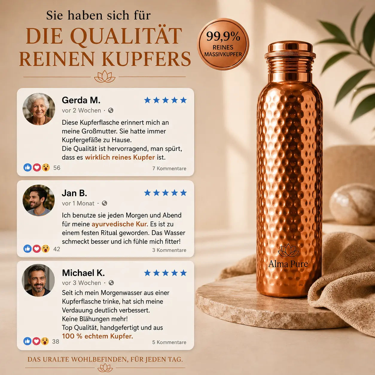 Alma Pure – Kupferflasche aus massivem Kupfer – Heritage Edition