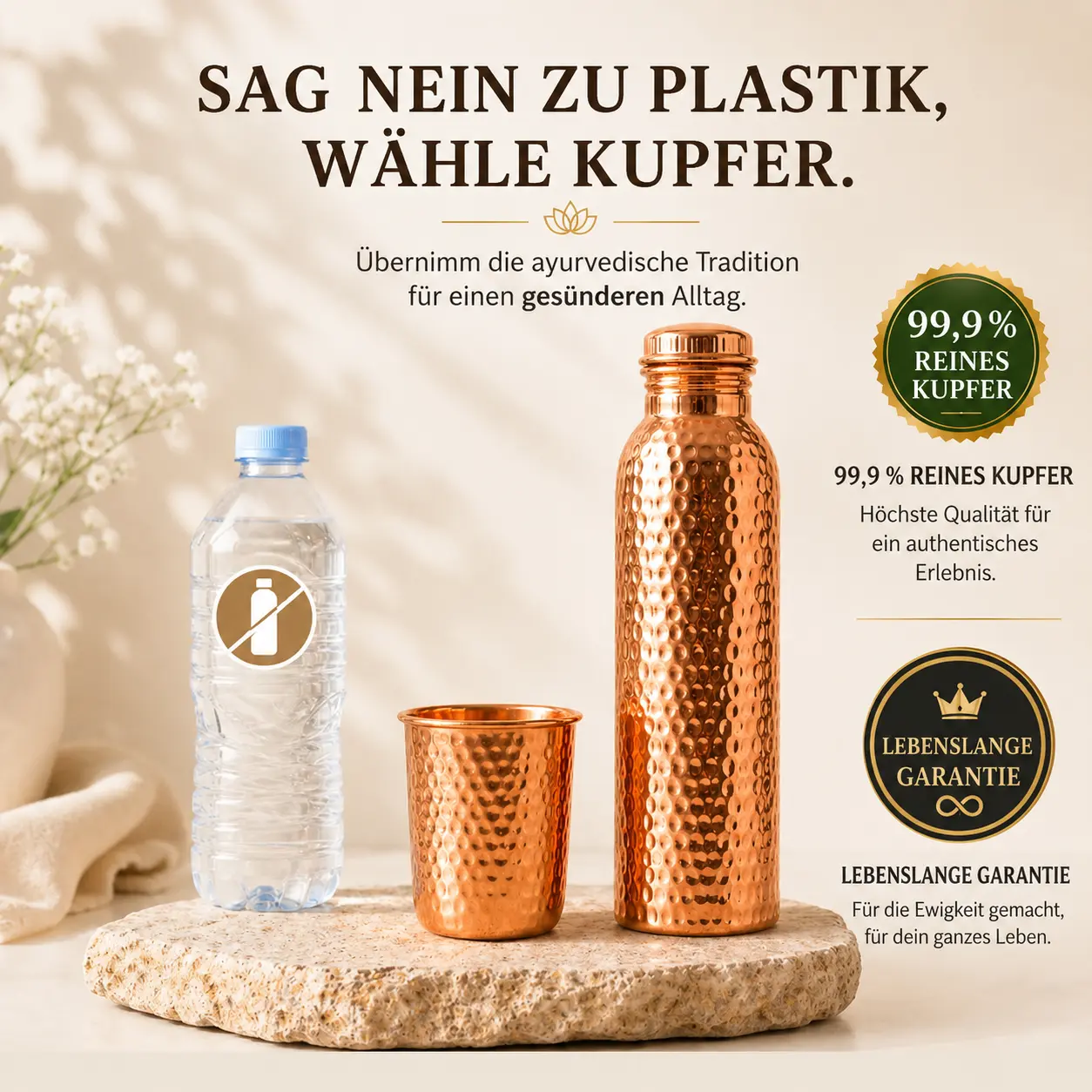 Alma Pure™ – Gehämmerte Kupferflasche für natürlich reines Wasser